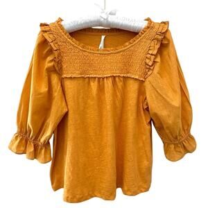 ANTHROPOLOGIE Yellow Ruffle Smocked Peasant Top Cotton Boho Cottagecore | XS